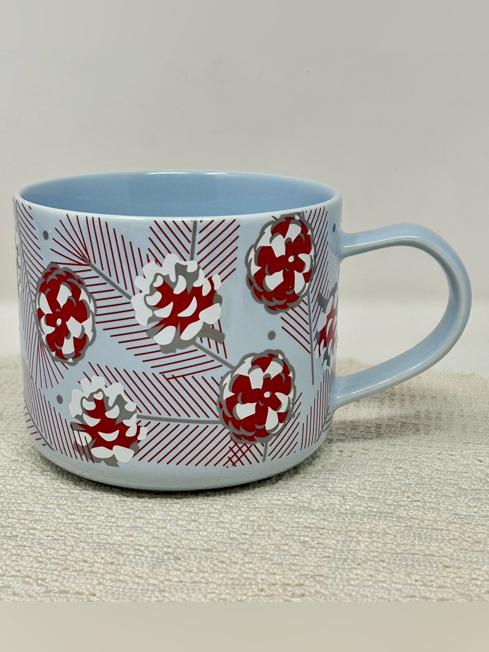 Teavana For Life Starbucks Blue Mug Red & White Pinecones Leaves Holiday 12oz